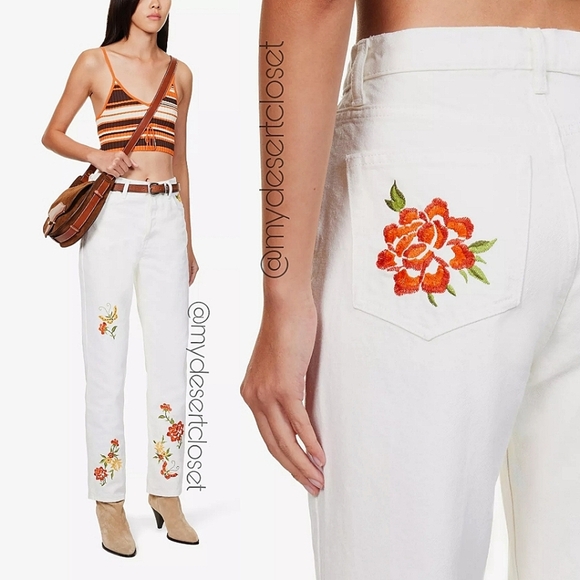 Reformation Cynthia High Rise Straight Jeans White Flora Embroidery NWT - Picture 1 of 14